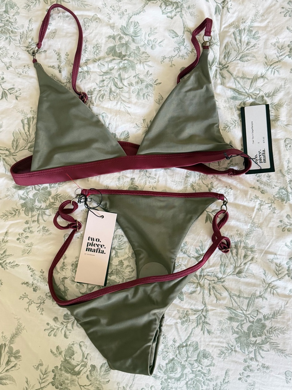 Two Piece Mafia Olive Triangle Bikini with Burgundy Trim
